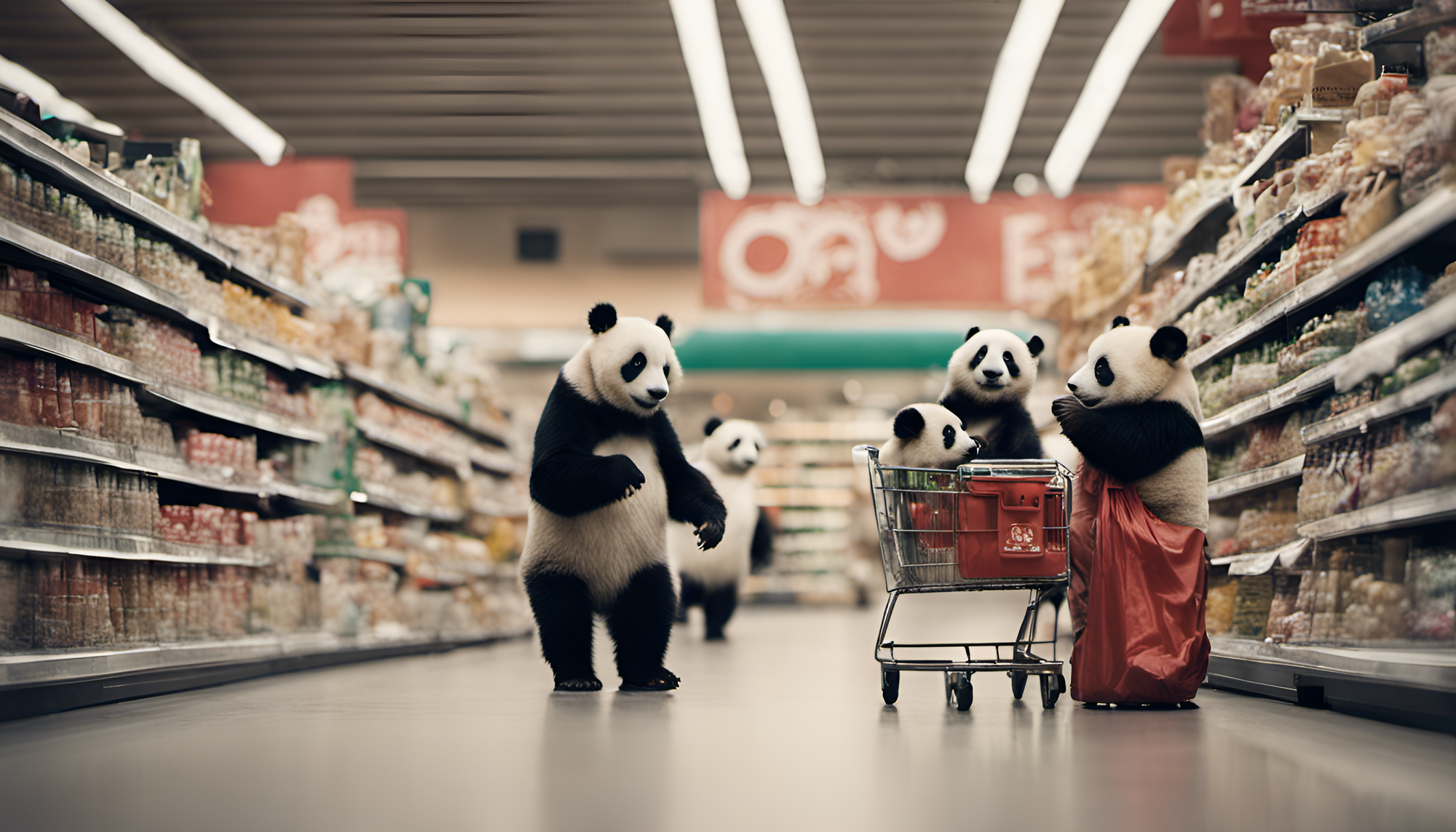 Image of a family of pandas shopping in a supermarket