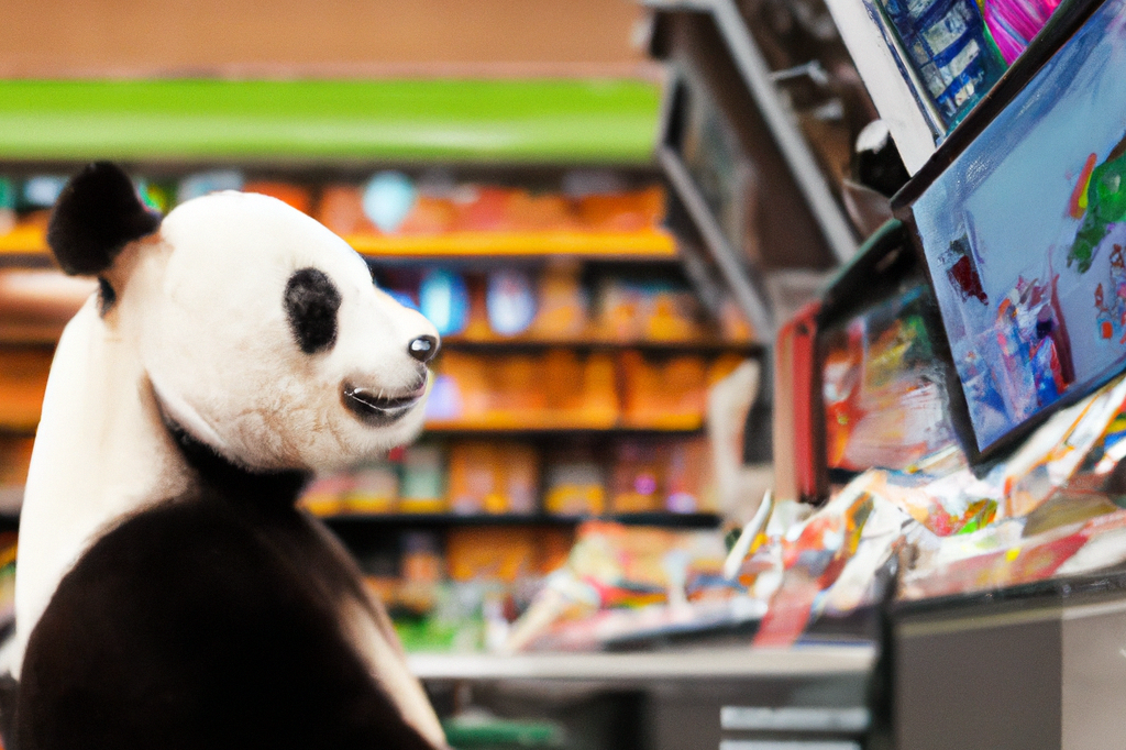 A panda is pleased to be using a self-service checkout in a grocery store