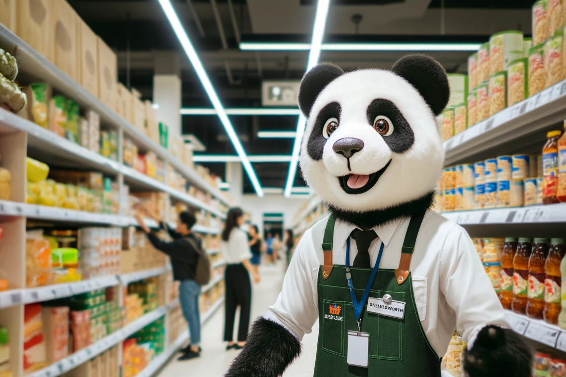 Shelvesworth the panda is working in a grocery store with customers selecting products from well stocked shelves